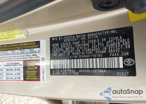 2010 Toyota Camry from USA, damaged, VIN 4T1BF3EK6AU116165